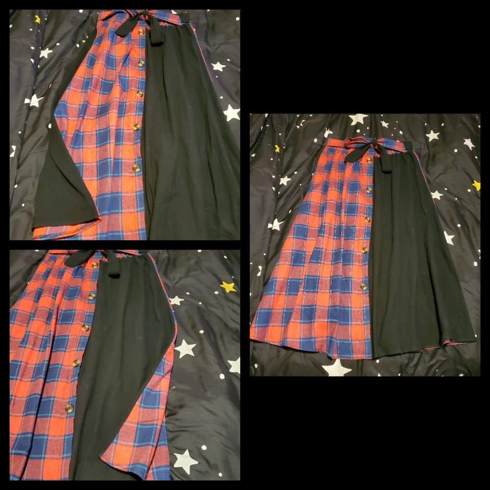 Half plaid Half black tie front skirt